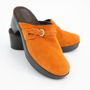 Land’s End Orange Suede Clog Mules Platform Strap Buckle Retro Shoes 8